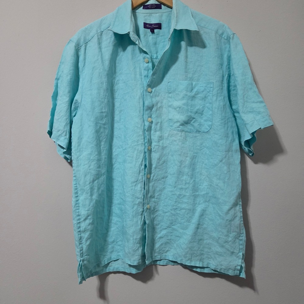 Alan Flusser Mens Turquoise Blue 100% Linen Short Sleeve Button Up Shirt‎ Size M